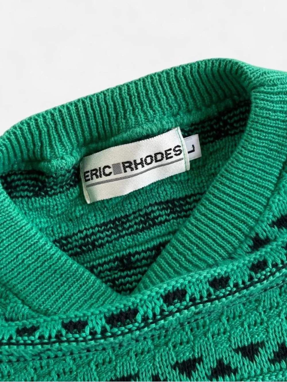 80s 90s Eric Rhodes Green Black Knit Sweater Classic Retro Geometric Nordic L
